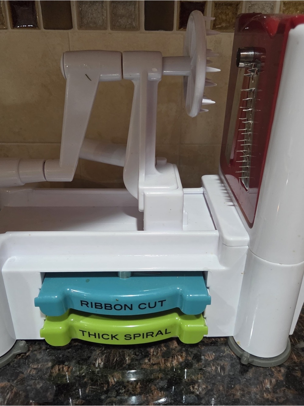 Food Network White Spiralizer with Blue and Lime Green Inserts